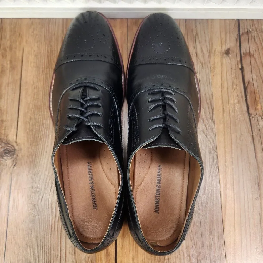 Johnston & Murphy Conard Men 11.5 Black Calfskin Captoe Brogue Oxford Dress Shoe
